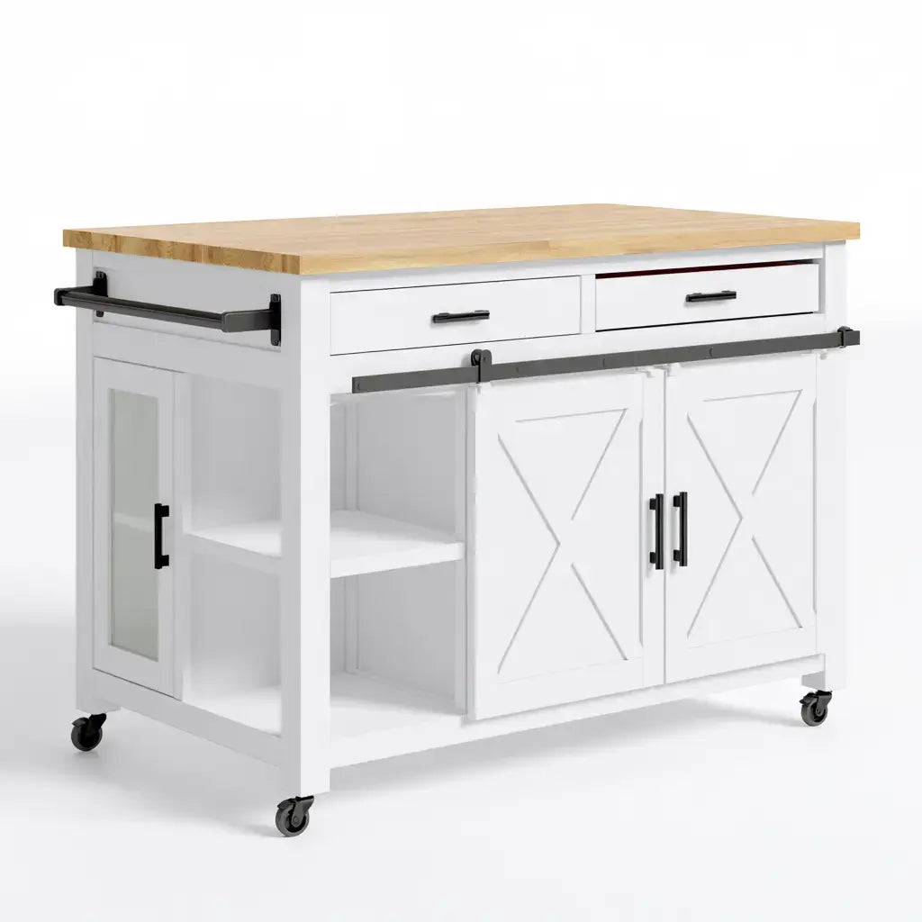 Isla de cocina con puertas cruzadas y cajones superiores - blanco/beige