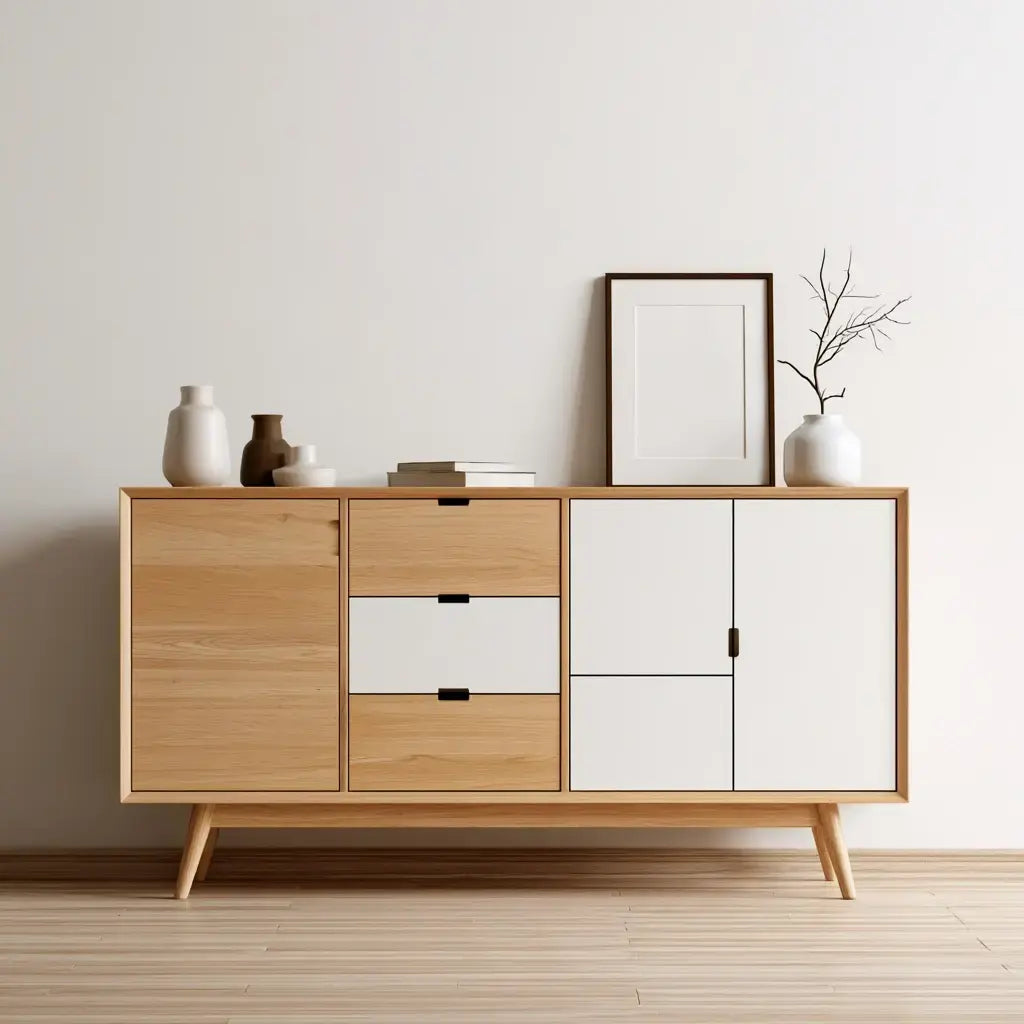 Aparador con puertas lisas y cajones centrales - beige/blanco
