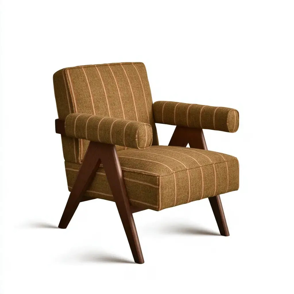 Sillón con tapizado de cuadros y brazos abiertos - marrón